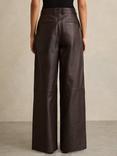 Reiss Mercey Leather Wide Leg Trousers, Chocolate