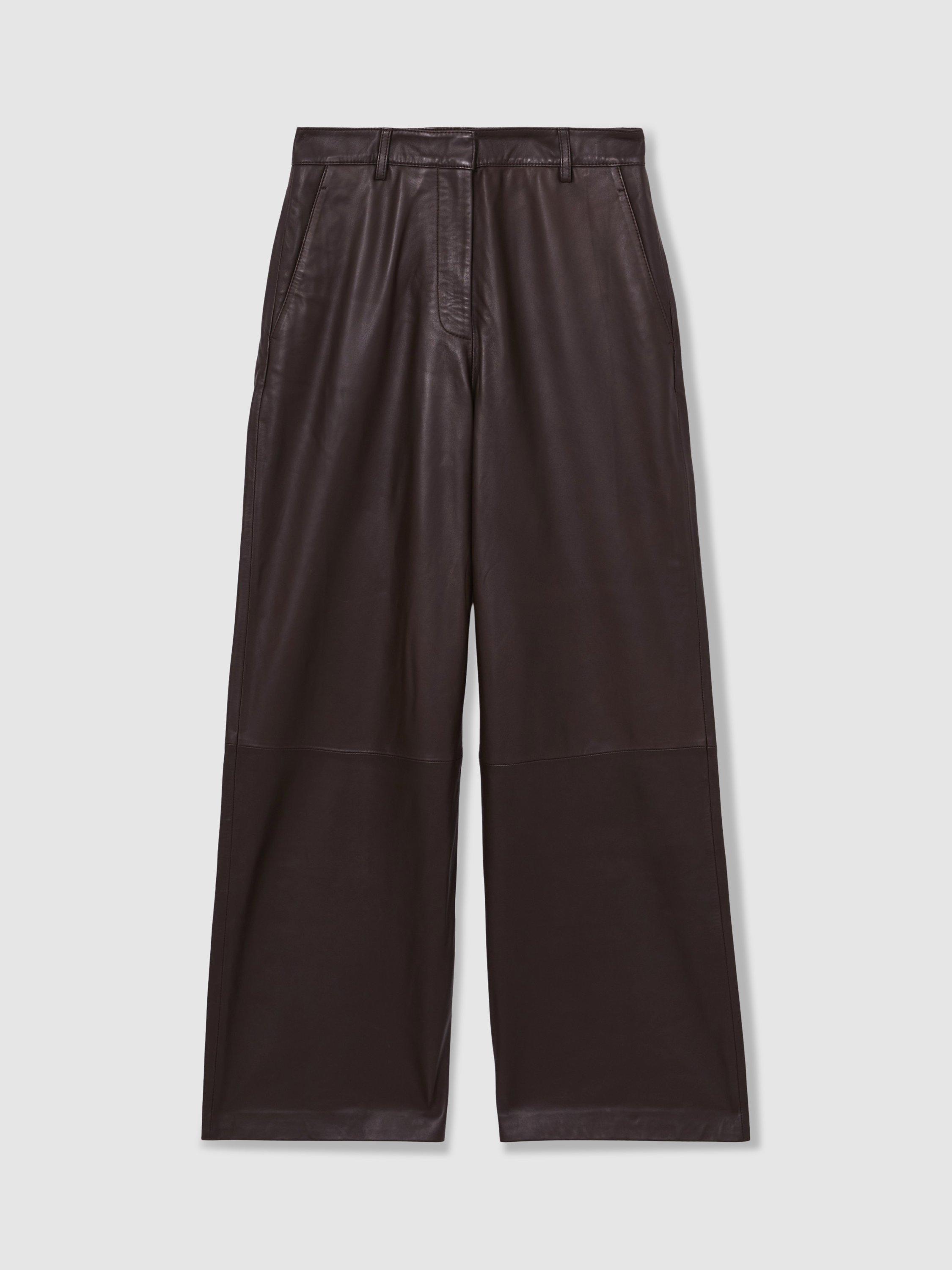 Product image 3 of 5, which shows Reiss Mercey Leather Wide Leg Trousers, Chocolate, 6R