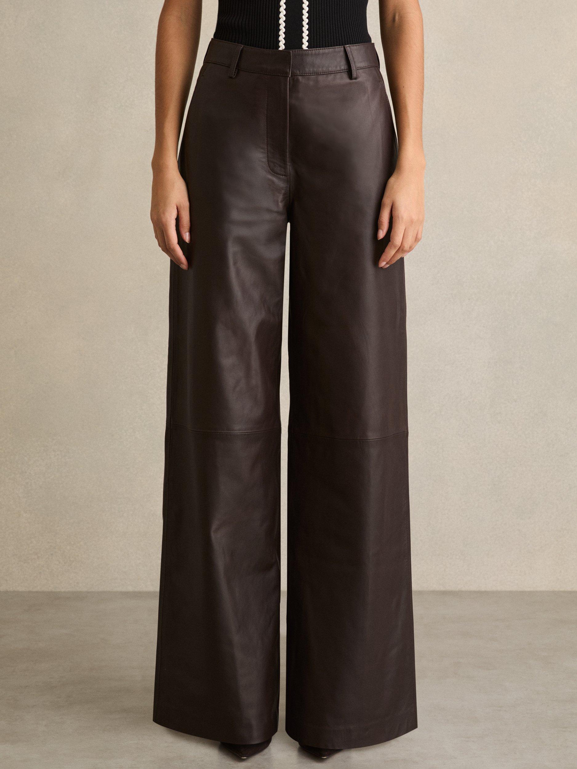 Product image 4 of 5, which shows Reiss Mercey Leather Wide Leg Trousers, Chocolate, 6R