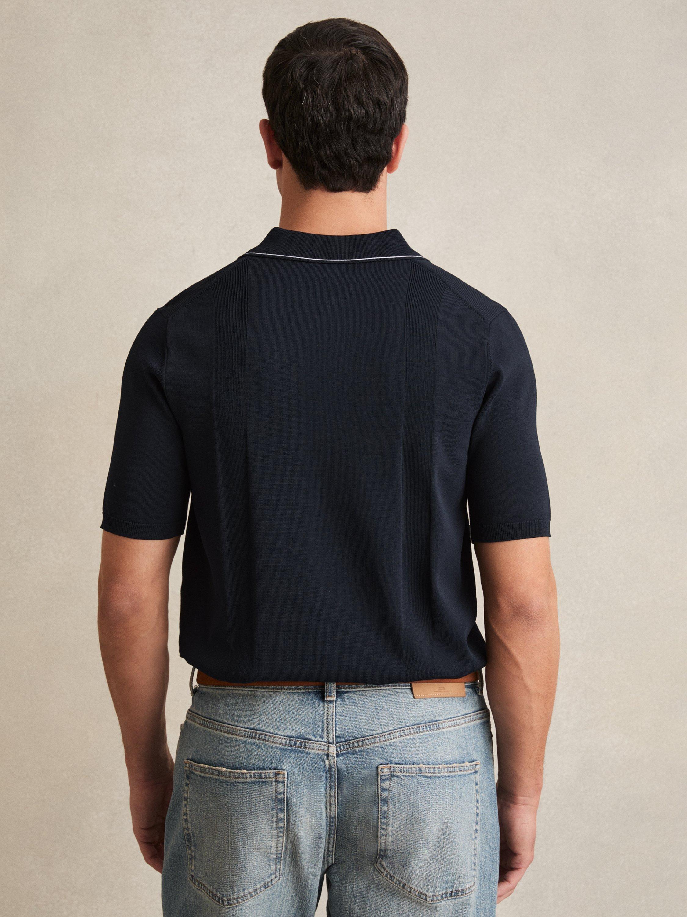 Product image 2 of 5, which shows Reiss Dunwich Colour Block Tipped Knit Shirt, White/Navy, XS