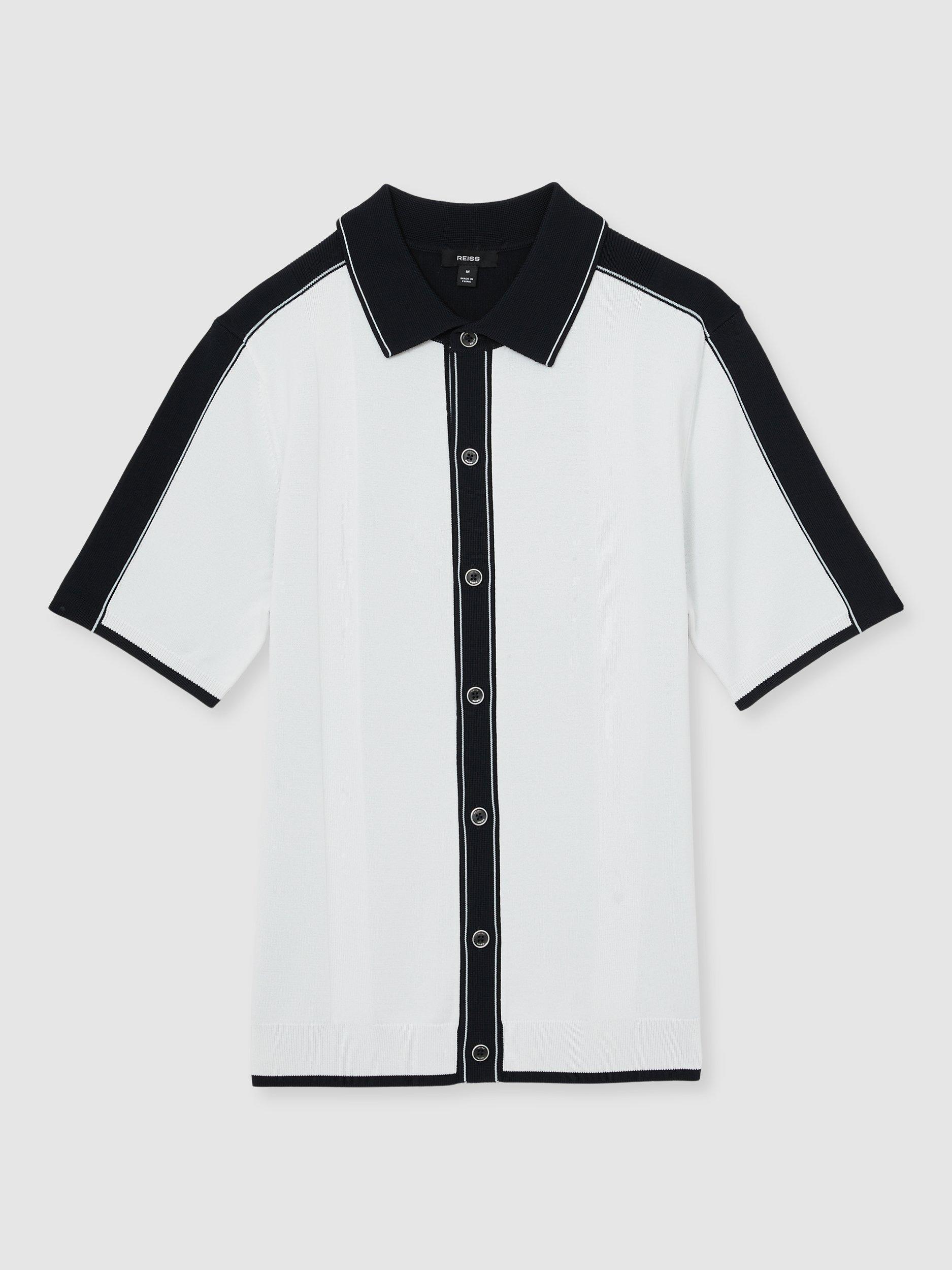 Product image 3 of 5, which shows Reiss Dunwich Colour Block Tipped Knit Shirt, White/Navy, XS