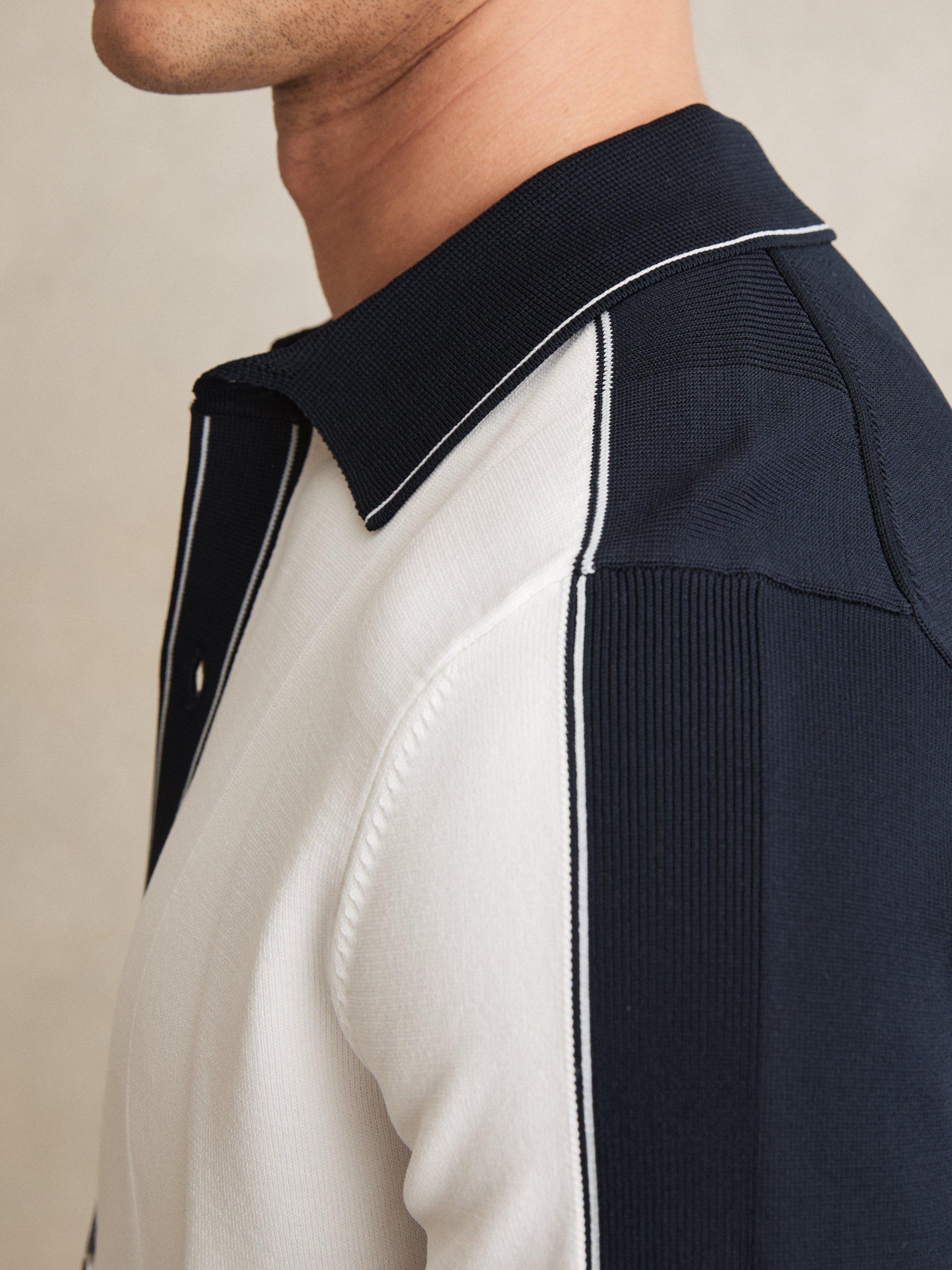 Product image 5 of 5, which shows Reiss Dunwich Colour Block Tipped Knit Shirt, White/Navy, XS