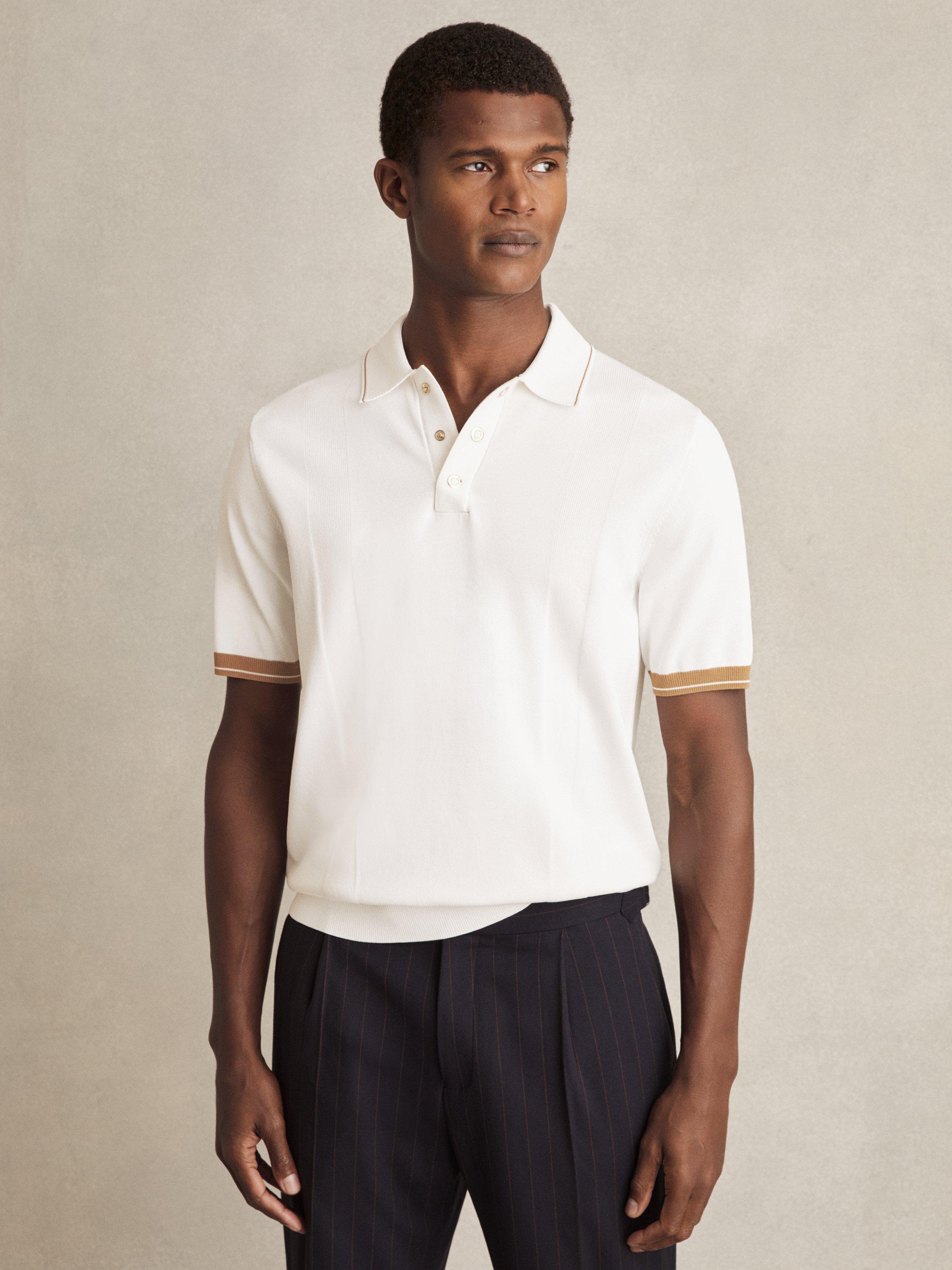 Reiss Portman Regular Fit Tipped Knit Polo Shirt, White/Camel