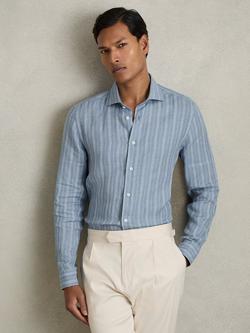 Reiss Ruban Linen Button-Through Stripe Shirt, Airforce Blue/White, Airforce Blue/White