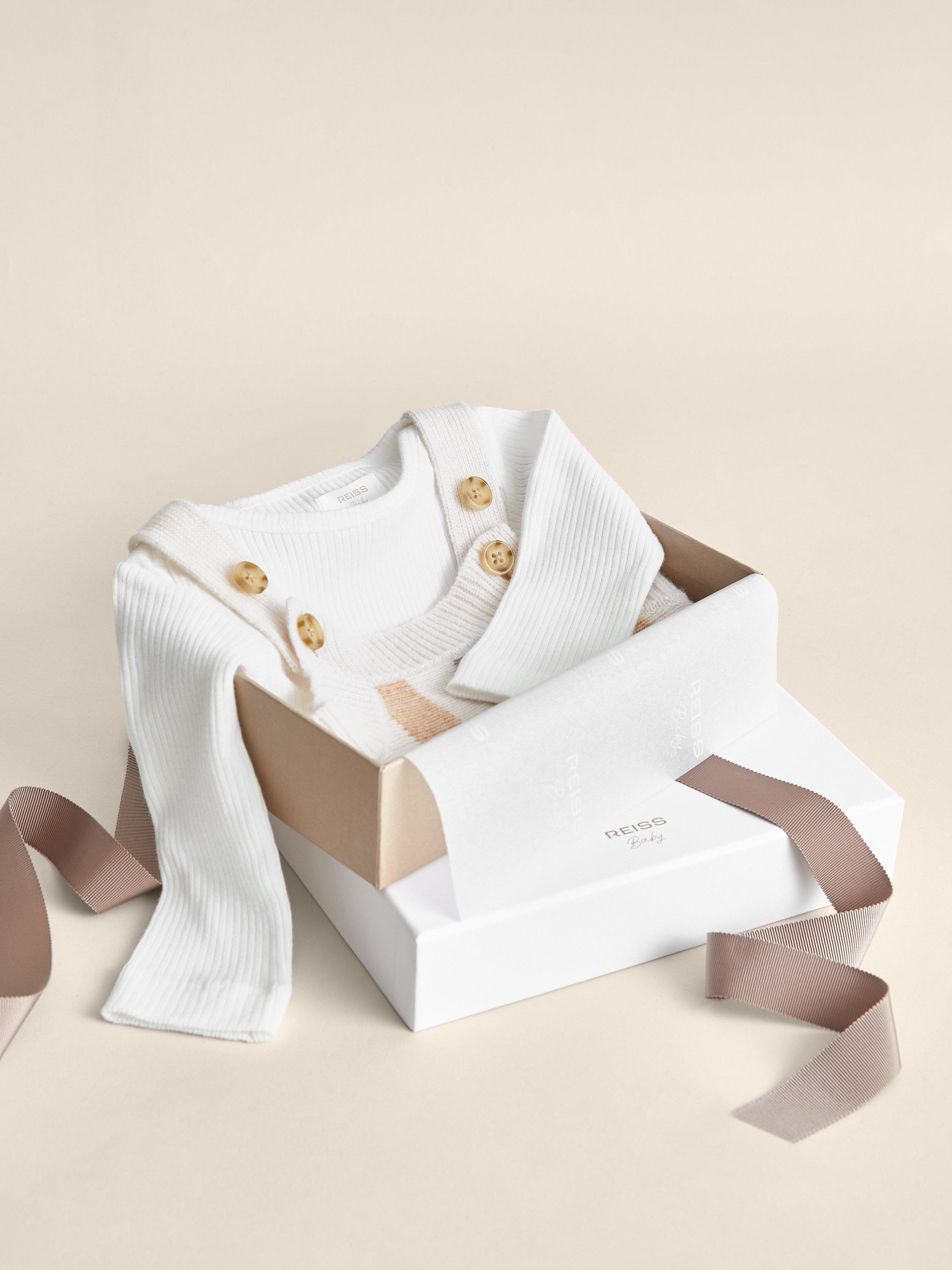 Product image 3 of 4, which shows Reiss Baby Cyra Stripe Knit Romper & Long Sleeve Top Set, Neutral, 3-6 months