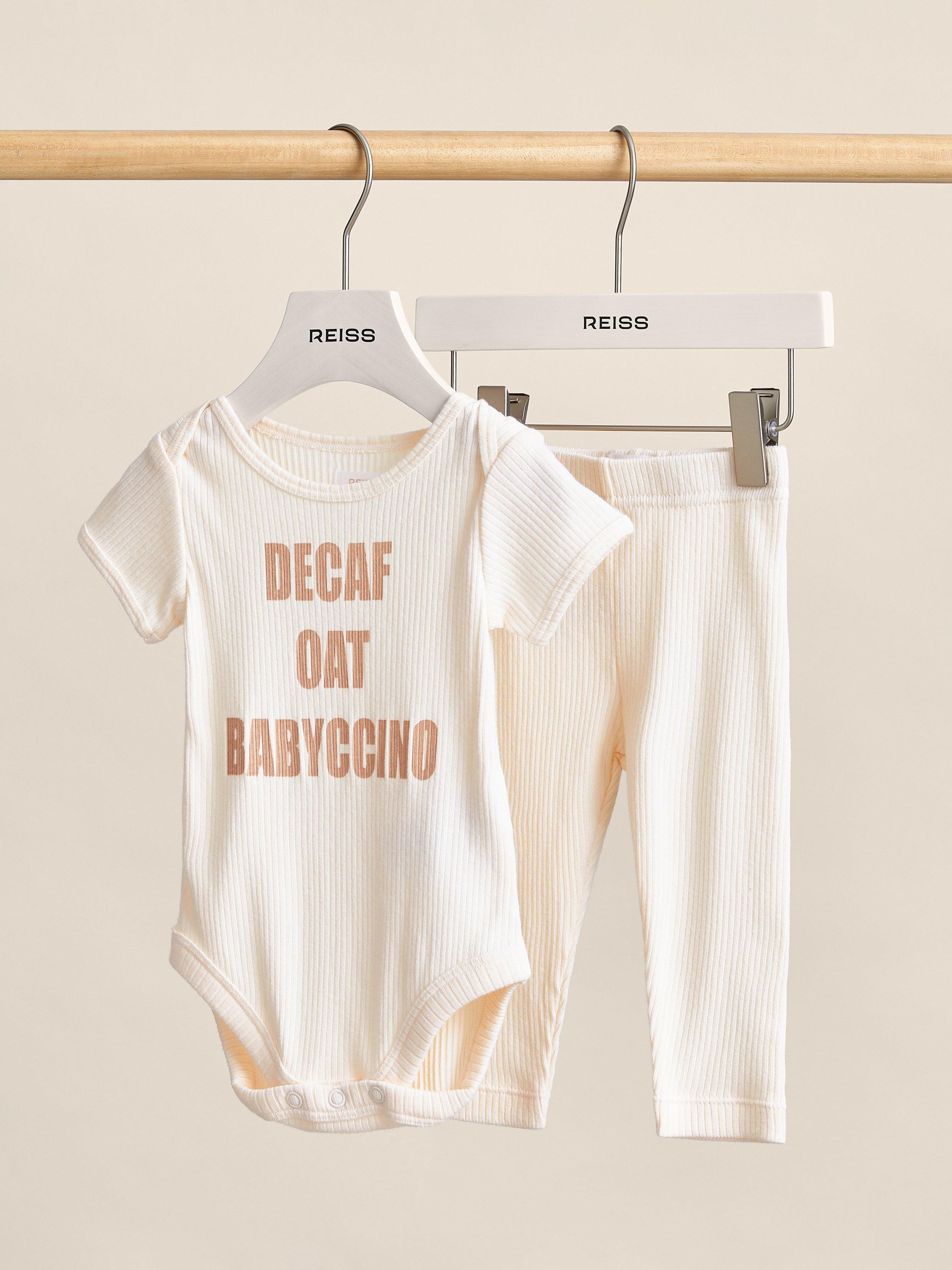 Product image 1 of 4, which shows Reiss Baby Lael Slogan Boysuit and Leggings Set, Ivory, 0-3 months