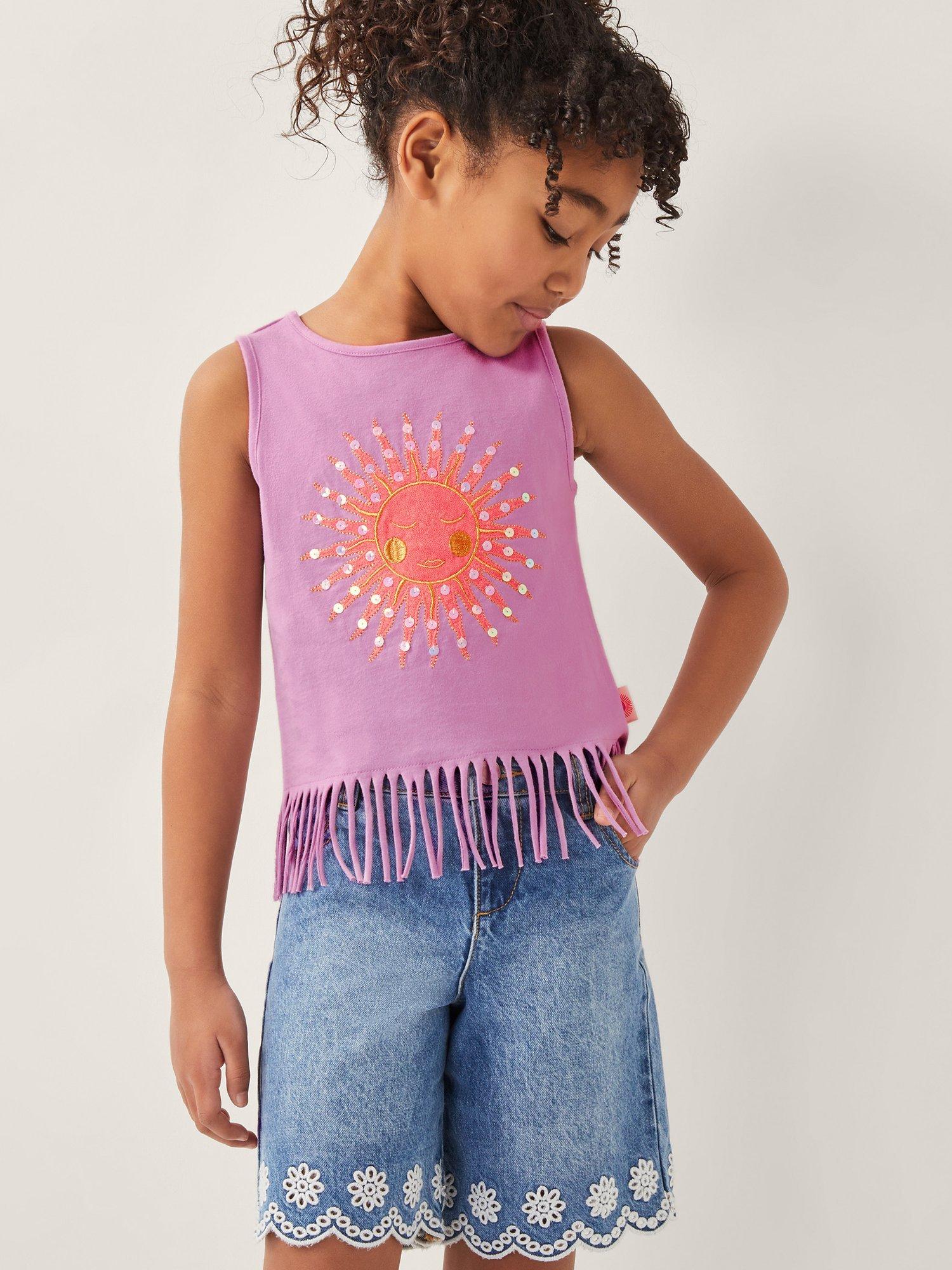 Product image 1 of 4, which shows Monsoon Kids' Cotton Fringe Vest Top, Lilac, 11-12 years