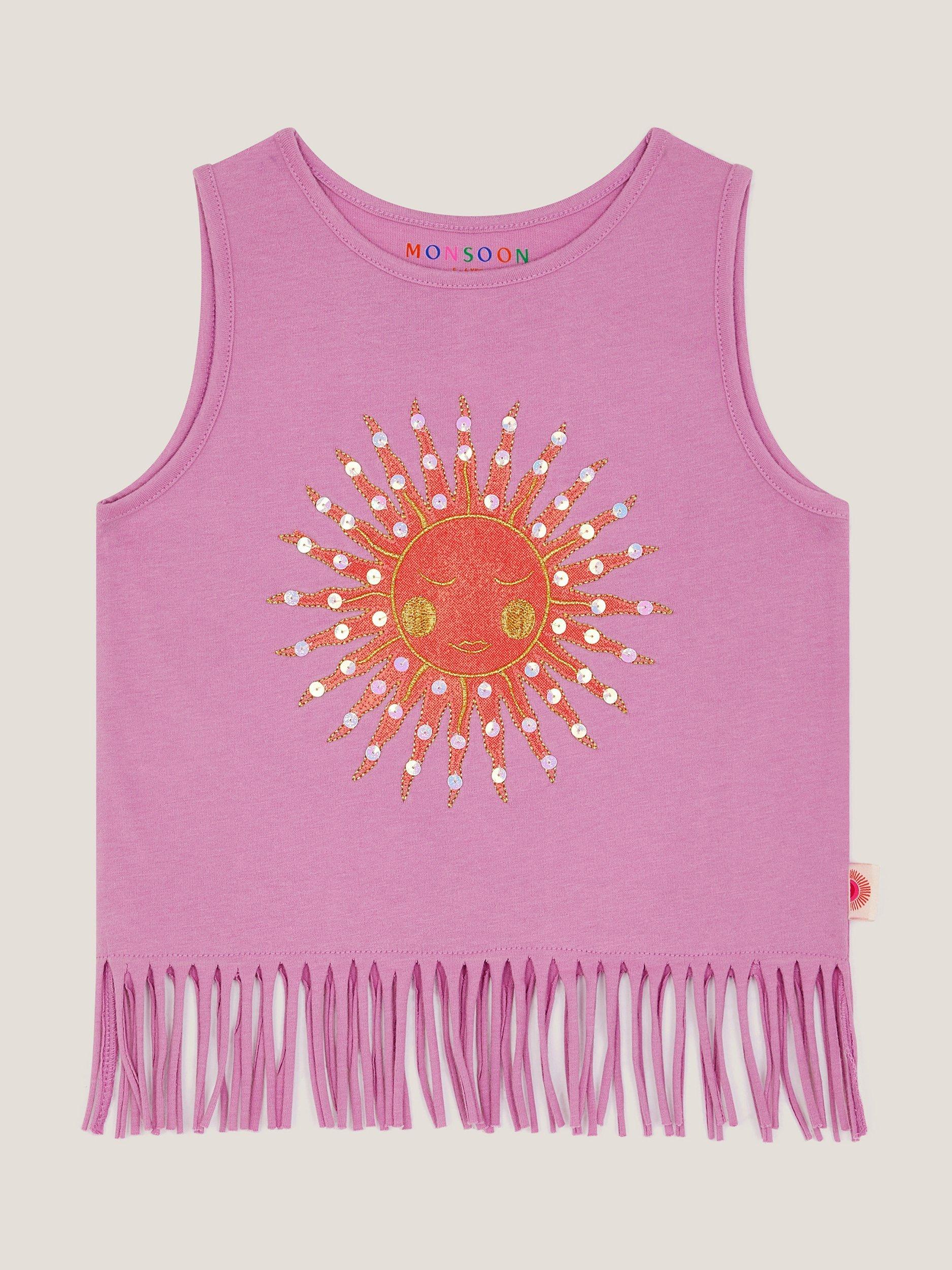 Product image 2 of 4, which shows Monsoon Kids' Cotton Fringe Vest Top, Lilac, 11-12 years
