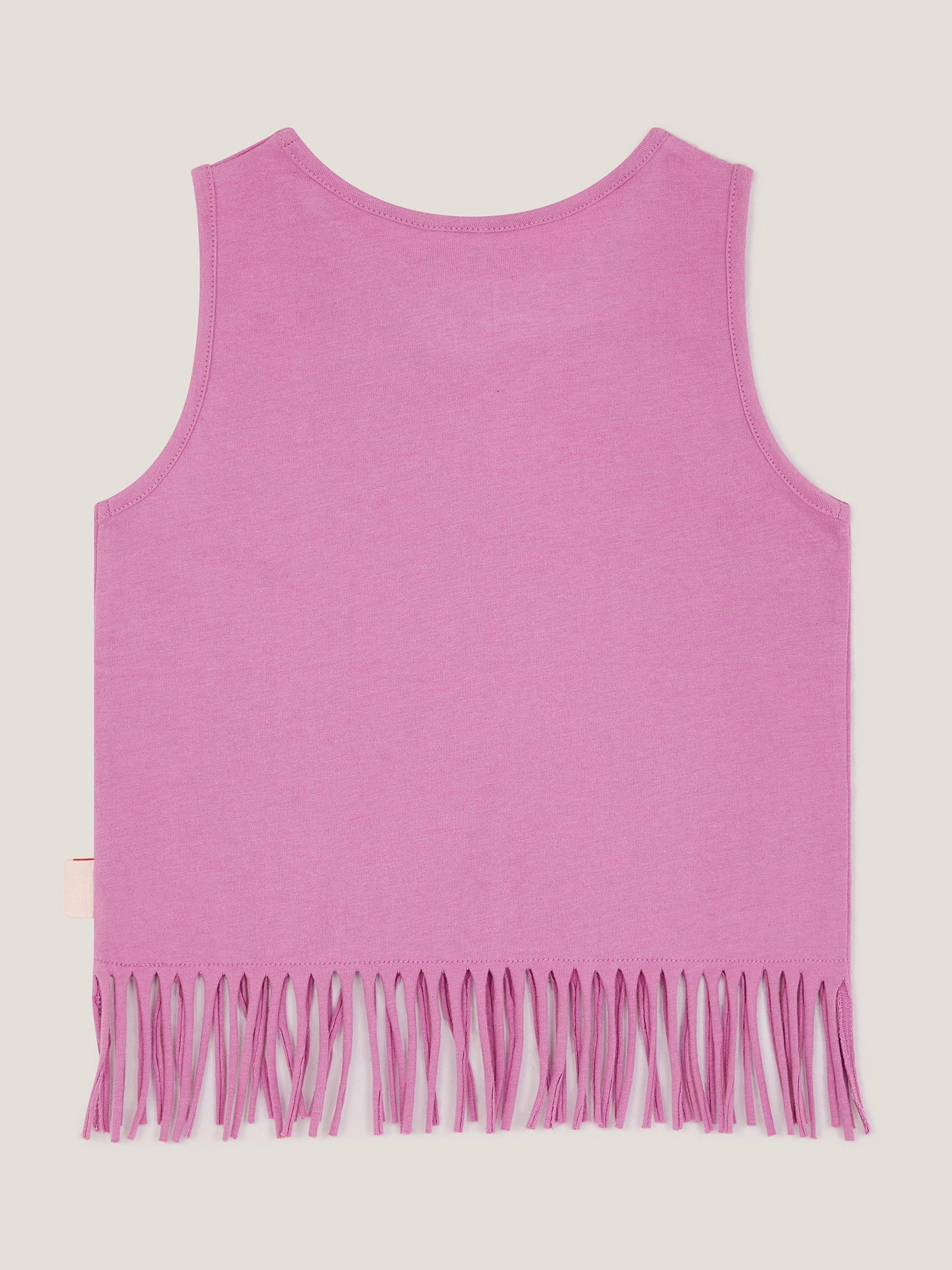 Product image 3 of 4, which shows Monsoon Kids' Cotton Fringe Vest Top, Lilac, 11-12 years