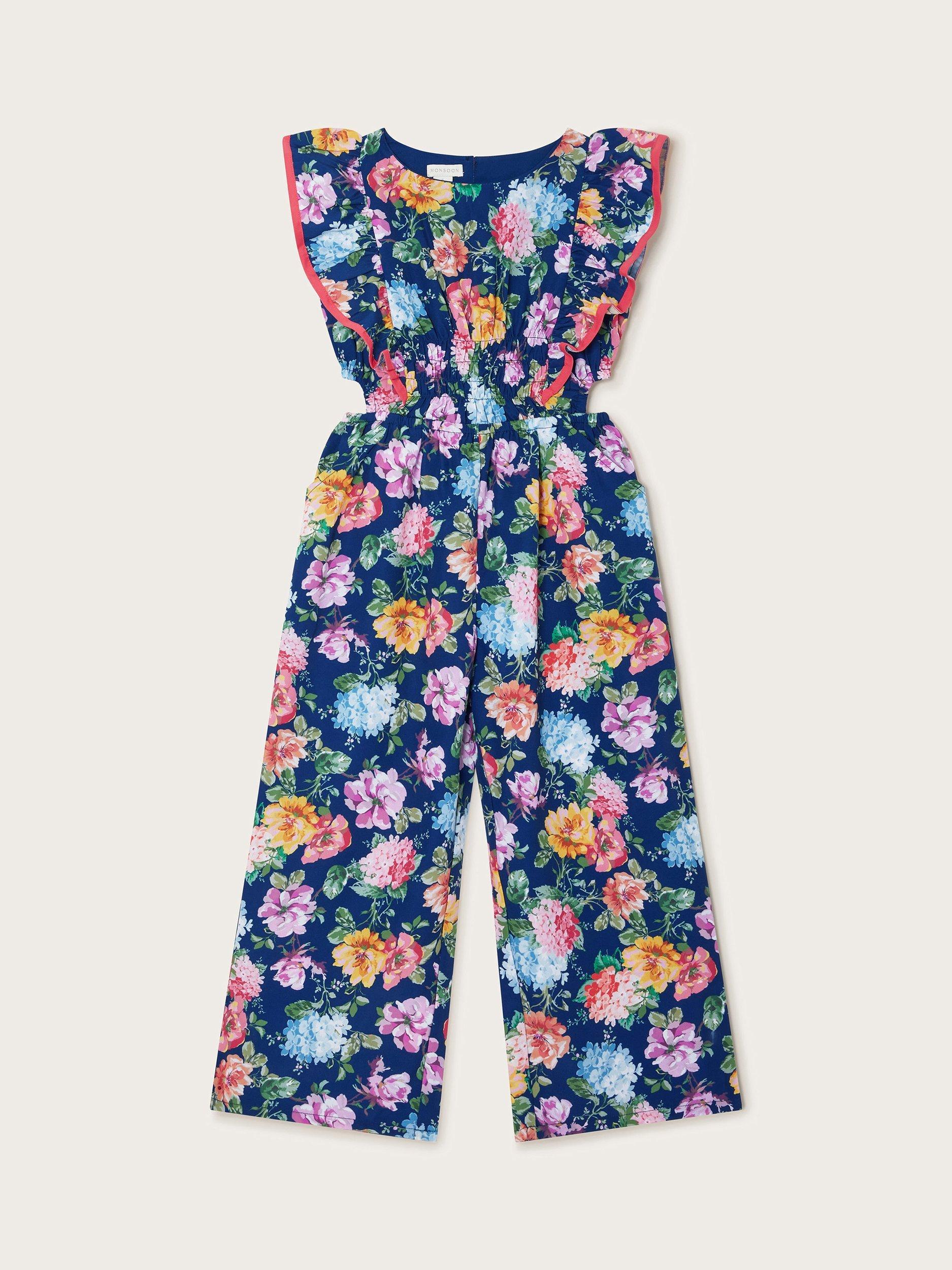 Product image 2 of 4, which shows Monsoon Kids' Floral Print Jumpsuit, Navy, 3 years