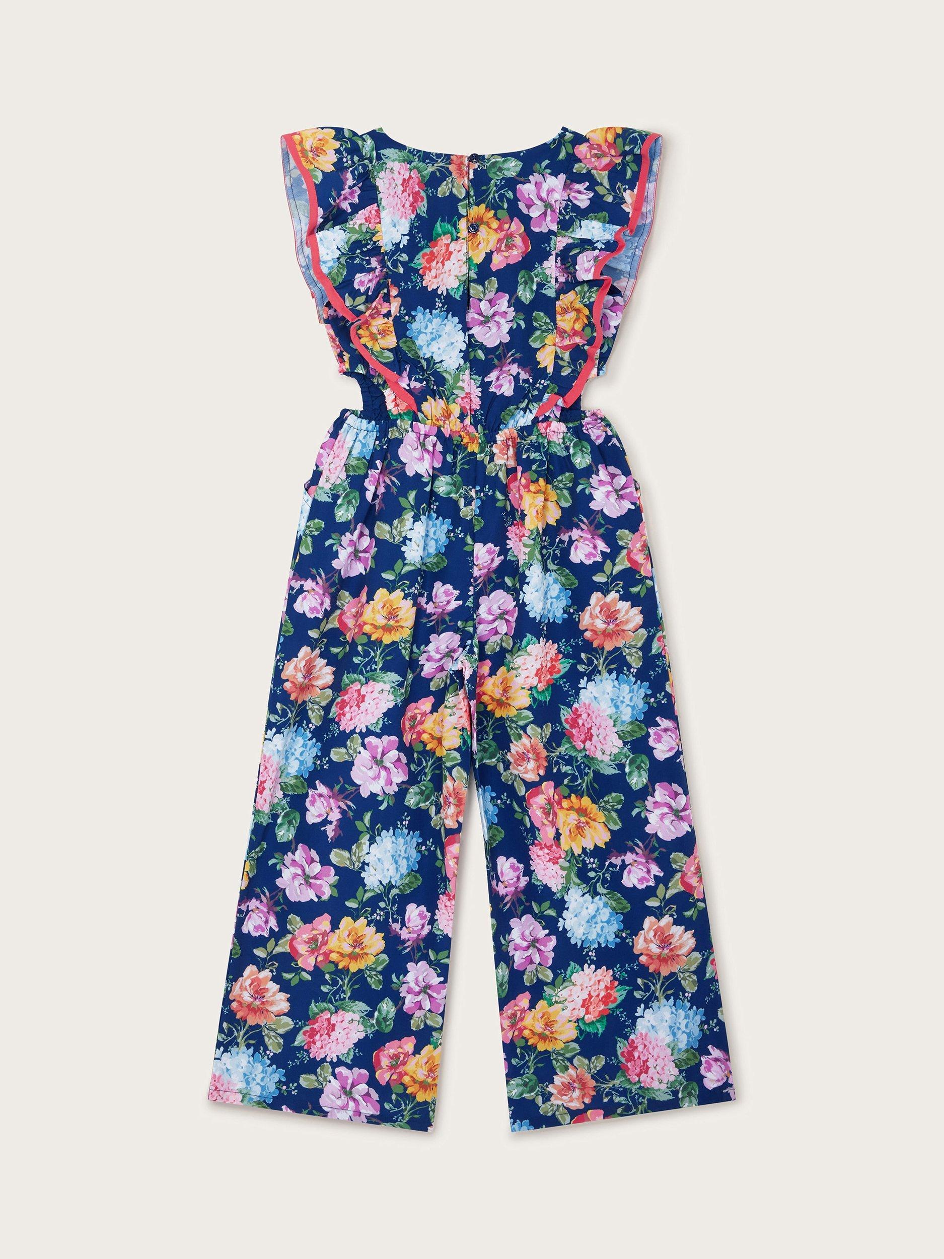 Product image 3 of 4, which shows Monsoon Kids' Floral Print Jumpsuit, Navy, 3 years