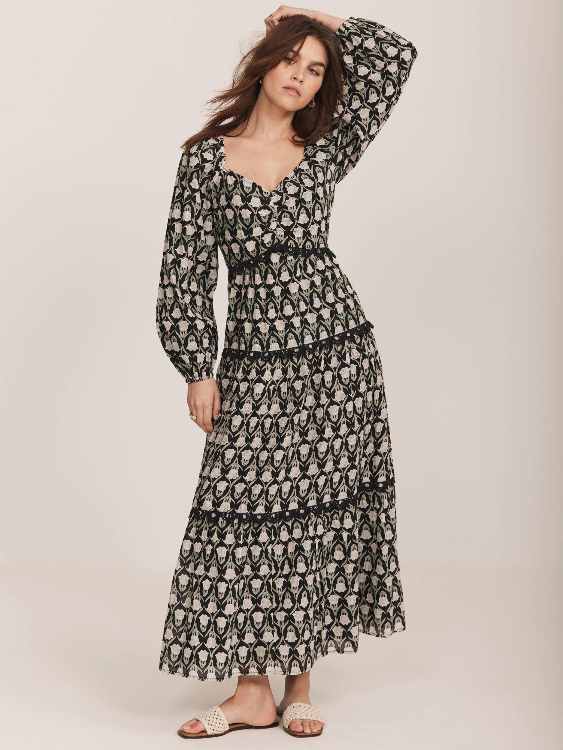 Mint Velvet Floral Contrast Trim Maxi Dress, Black/Multi