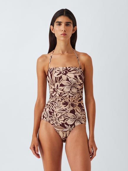 John Lewis Mali Floral Ruched Medium Control Bandeau Swimsuit, Berry/Cream, Berry/Cream