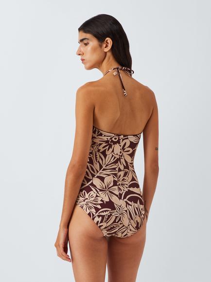 John Lewis Mali Floral Ruched Medium Control Bandeau Swimsuit, Berry/Cream - view 2, Berry/Cream
