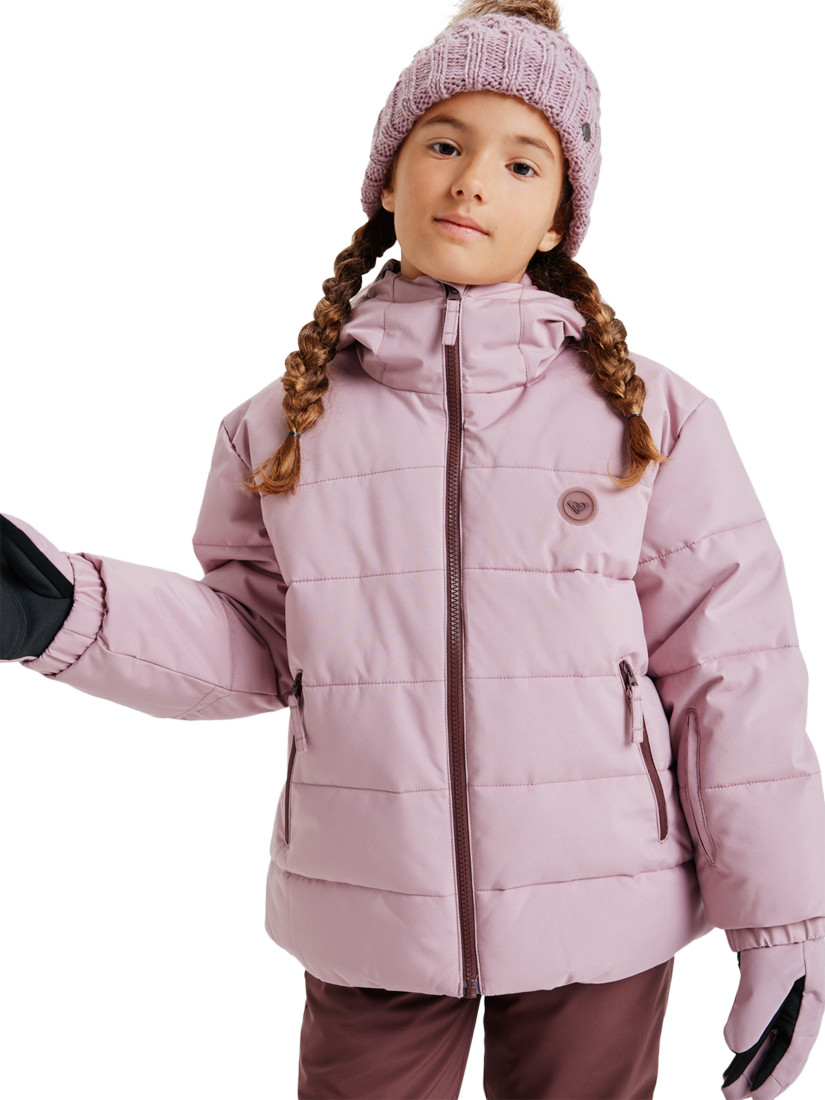 Product image 1 of 5, which shows Roxy Kids' Snowyhill Technical Hooded Puffer Jacket, Discreet Mauve, 8 years