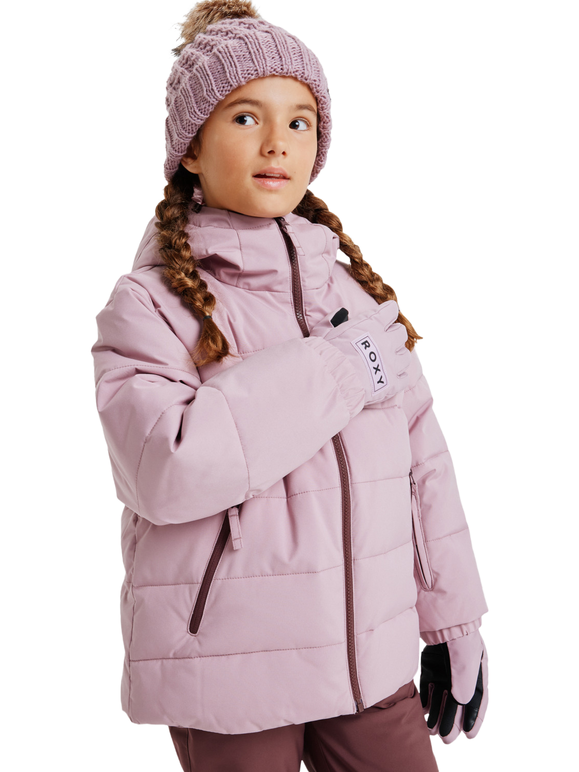 Product image 3 of 5, which shows Roxy Kids' Snowyhill Technical Hooded Puffer Jacket, Discreet Mauve, 8 years