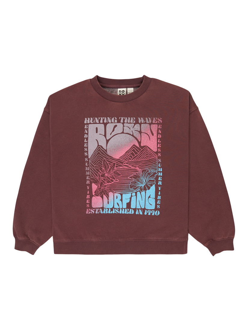 Product image 1 of 2, which shows Roxy Kids' Cotton Blend Oversized Graphic Sweatshirt, Huckleberry, 8 years