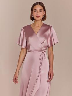 Rewritten Florence Waterfall Hem Satin Wrap Dress - view 2, Rose Pink