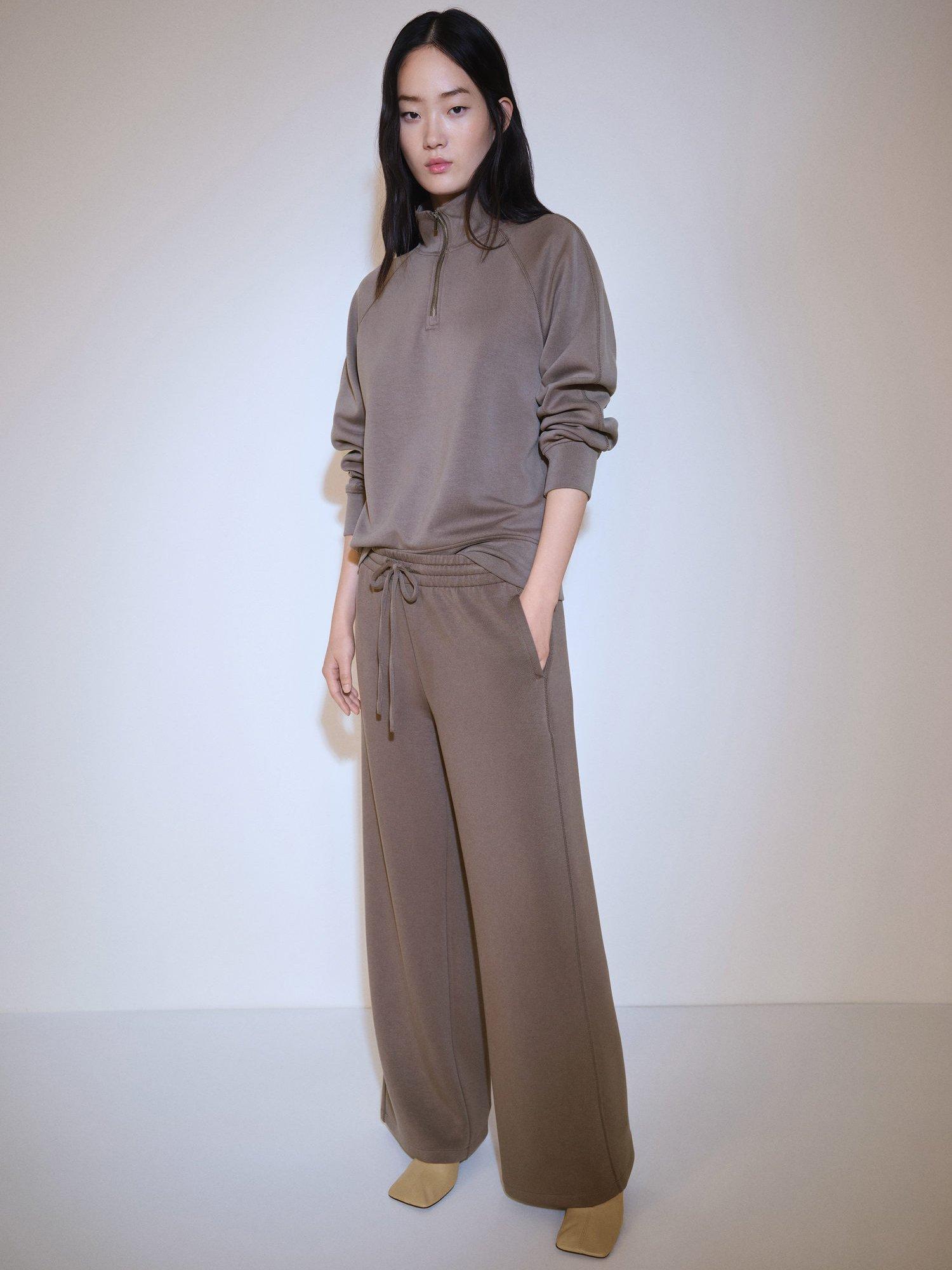 Product image 1 of 8, which shows Mango Nei Wide Leg Mixed Blend Drawstring Trousers, Medium Brown, L