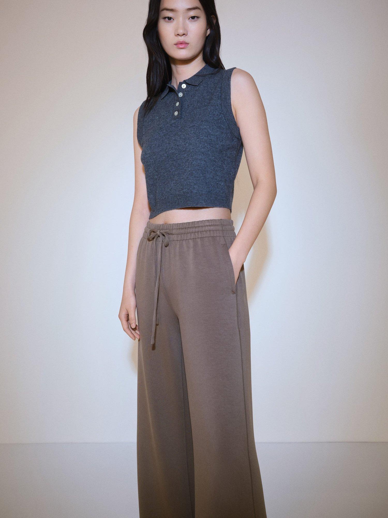 Product image 7 of 8, which shows Mango Nei Wide Leg Mixed Blend Drawstring Trousers, Medium Brown, L