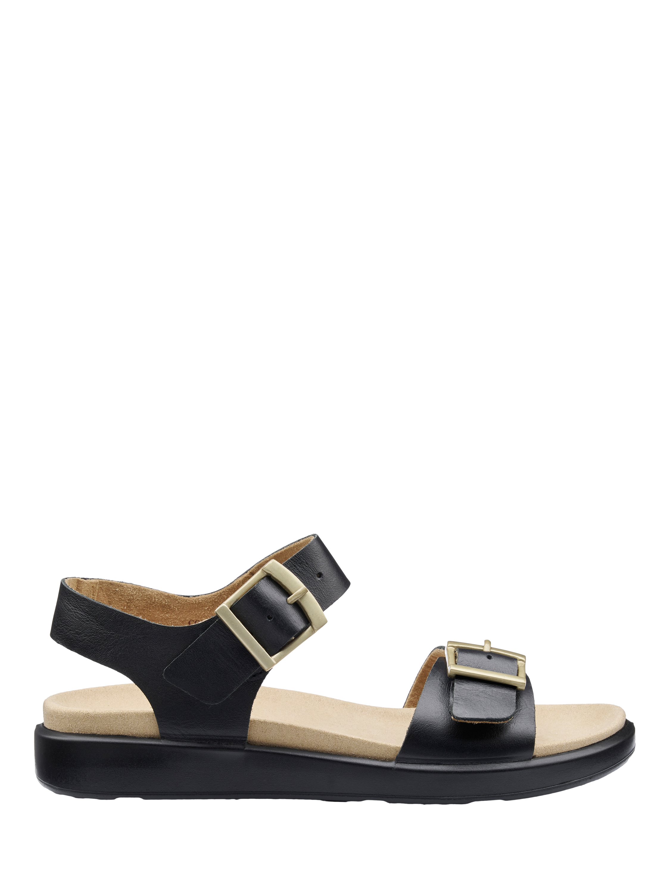 Product image 1 of 4, which shows Hotter Corfu Wide Fit Leather Strappy Sandals, Black, 3W