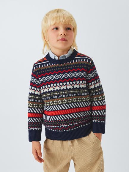 John Lewis Kids' Geometric Fair Isle Jumper, Red / Navy, Red