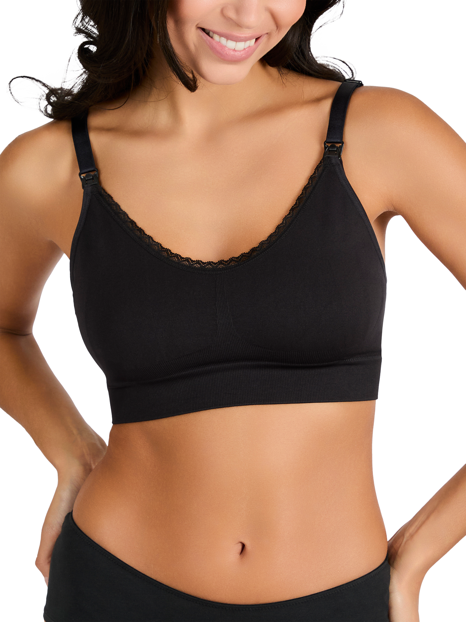 Product image 1 of 5, which shows JoJo Maman Bébé Emma-Jane Lace Trim Seamless Maternity and Nursing Bra, Black, S