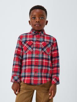 John Lewis Kids' Plaid Check Long Sleeve Shirt, Red Check, Red Check