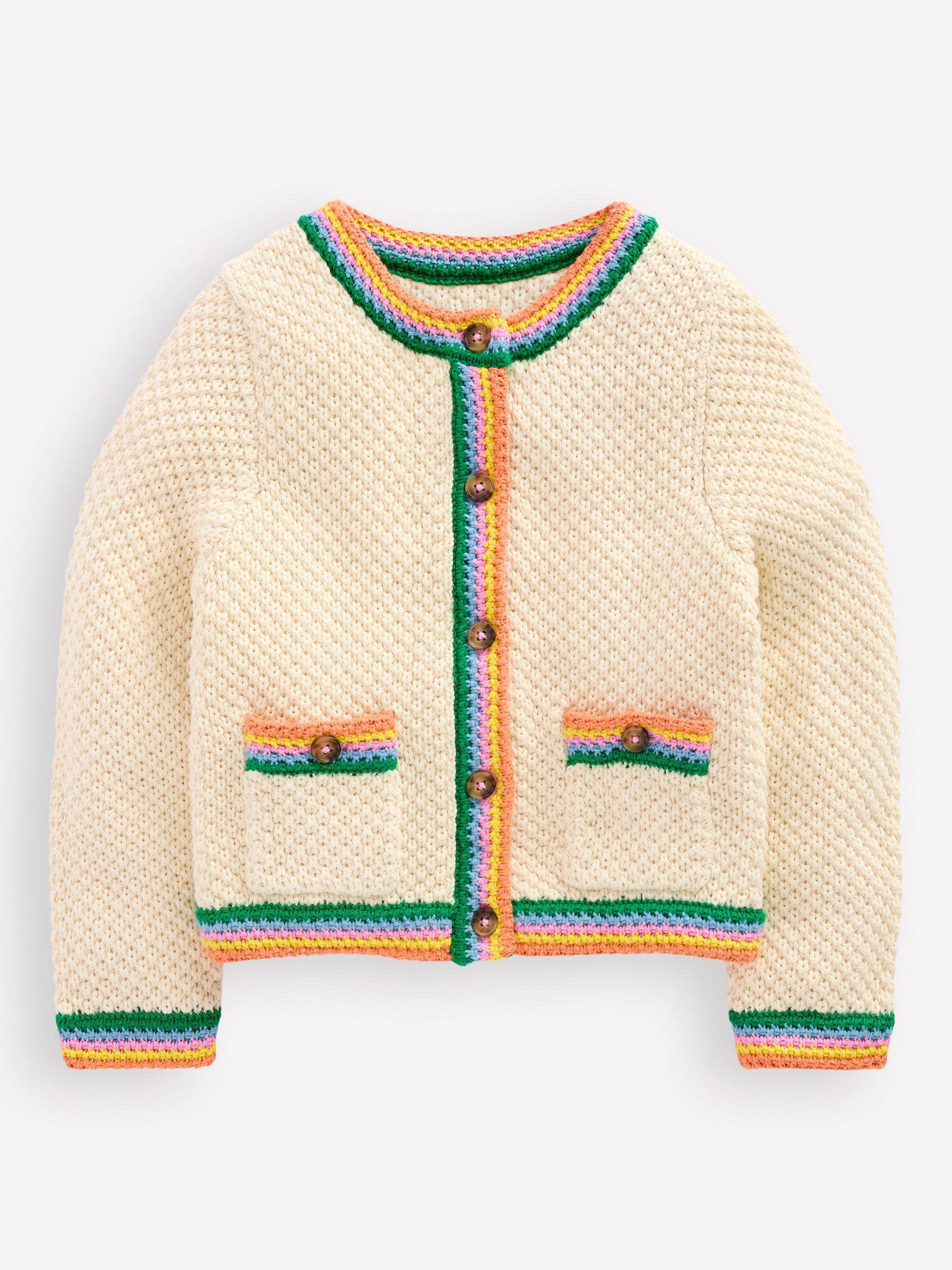 Product image 1 of 3, which shows Mini Boden Kids' Libby Cotton Knitted Jacket, Ivory Rainbow, 3-4 years