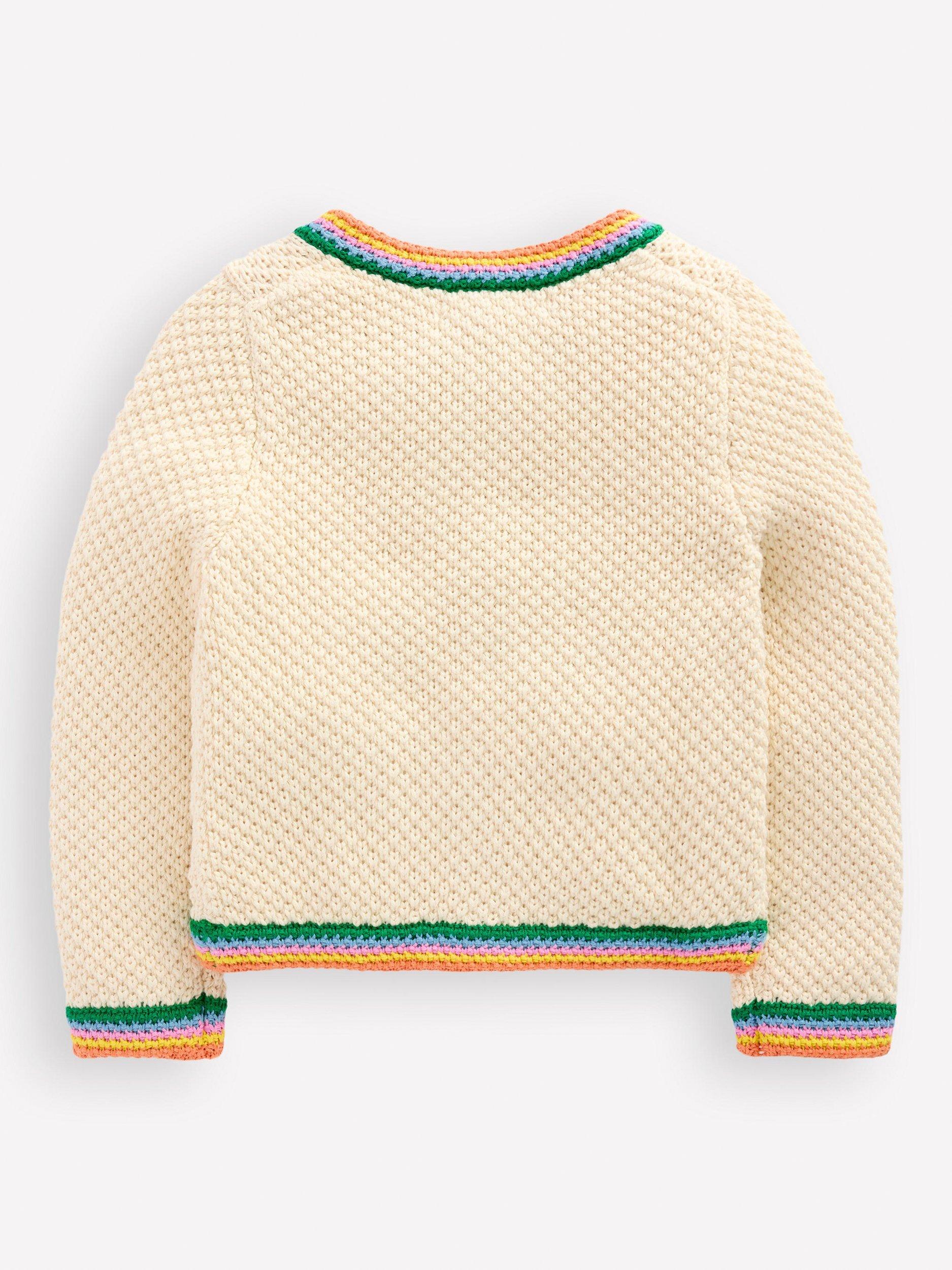 Product image 2 of 3, which shows Mini Boden Kids' Libby Cotton Knitted Jacket, Ivory Rainbow, 3-4 years