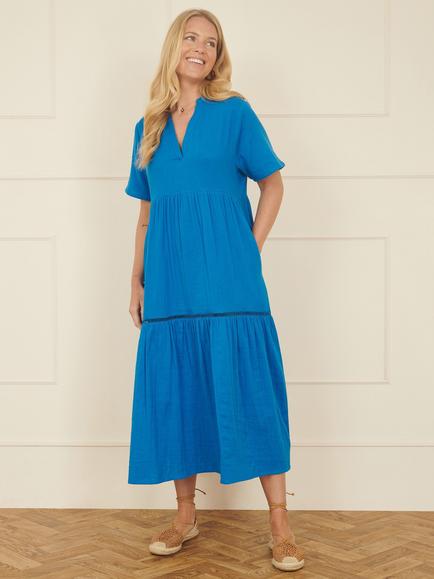 Yumi Double Cloth Kaftan Dress, Blue - view 2, Blue