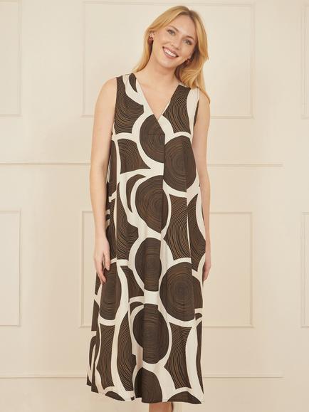 Yumi Abstract Circle Trapeze Midi Dress, Brown, Brown