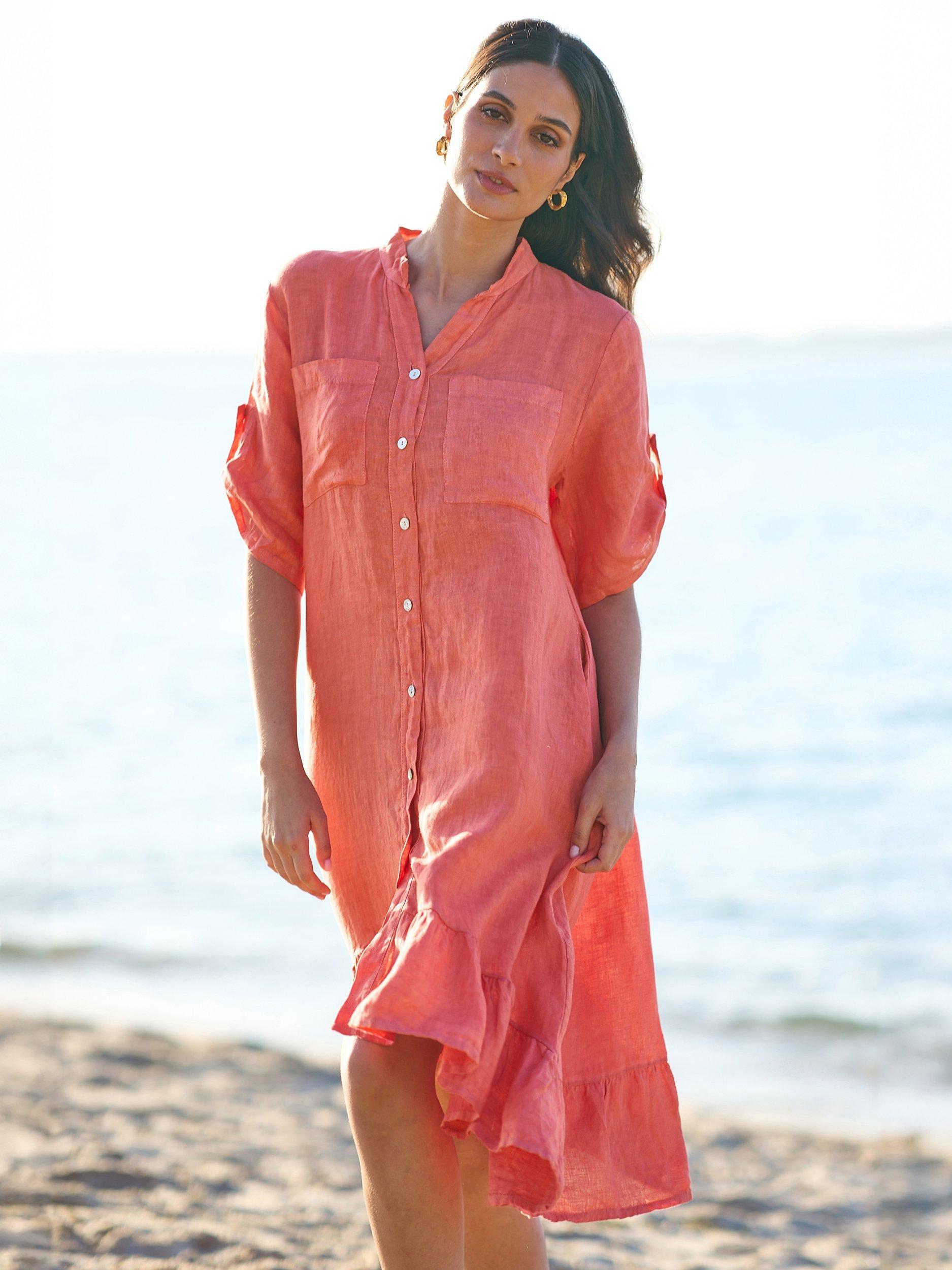 Product image 1 of 5, which shows Yumi Frill Hem Pure Linen Shirt Dress, Coral, S