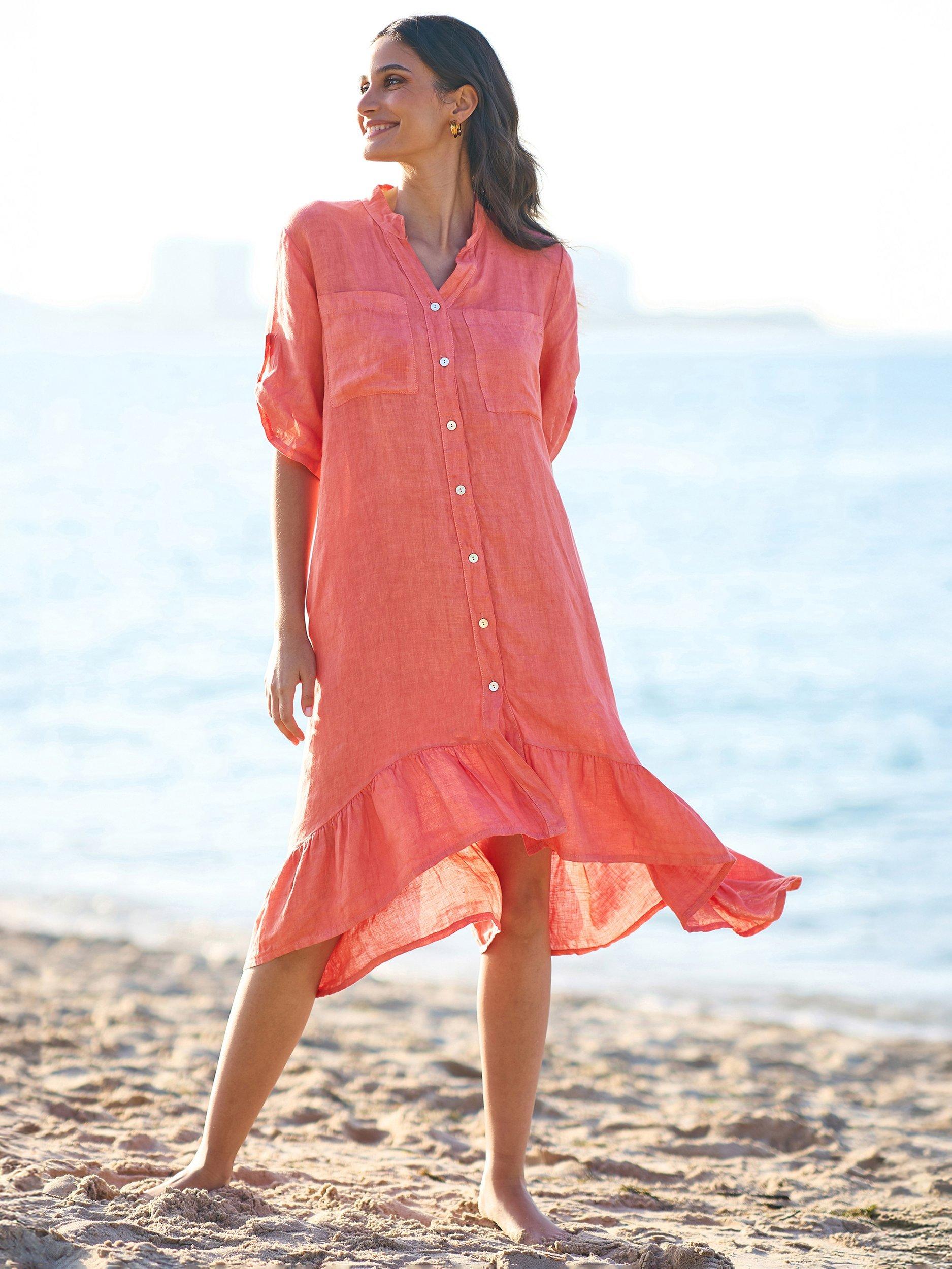 Product image 2 of 5, which shows Yumi Frill Hem Pure Linen Shirt Dress, Coral, S