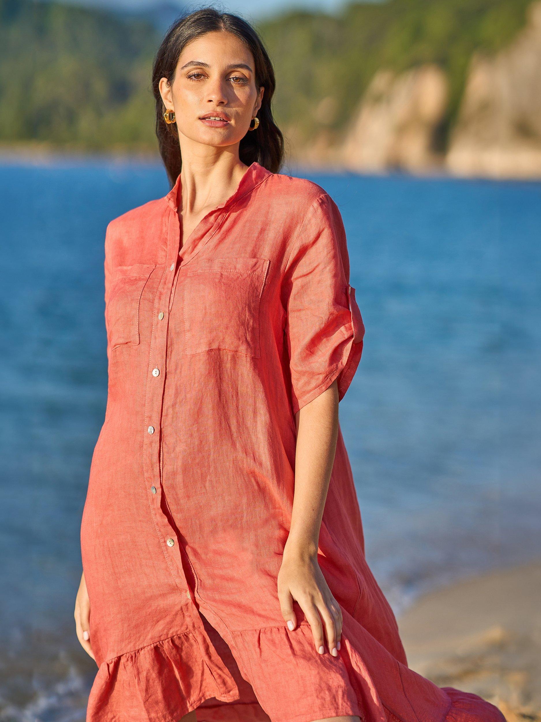 Product image 3 of 5, which shows Yumi Frill Hem Pure Linen Shirt Dress, Coral, S