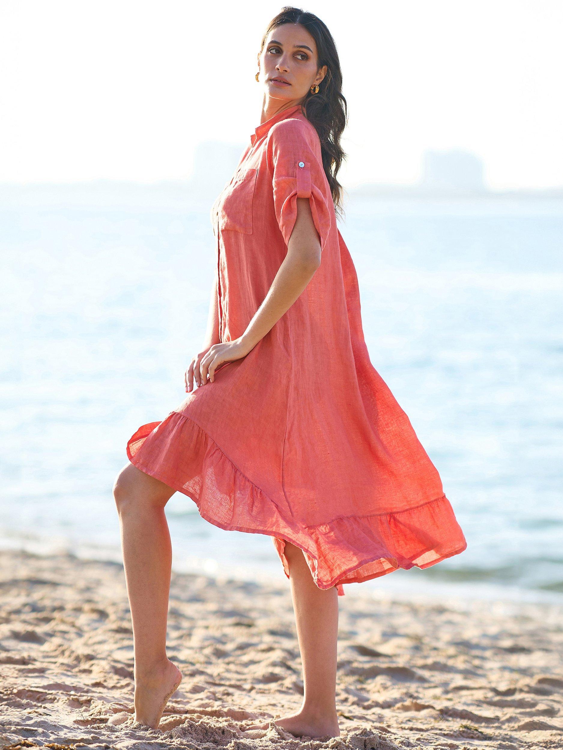 Product image 4 of 5, which shows Yumi Frill Hem Pure Linen Shirt Dress, Coral, S