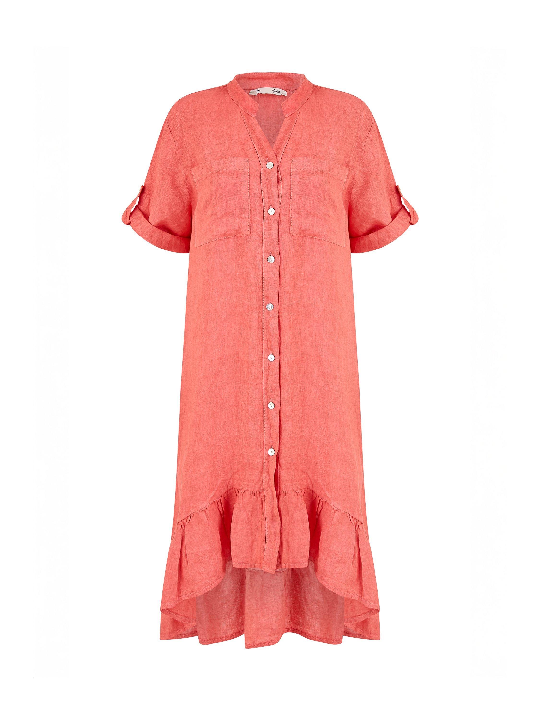 Product image 5 of 5, which shows Yumi Frill Hem Pure Linen Shirt Dress, Coral, S