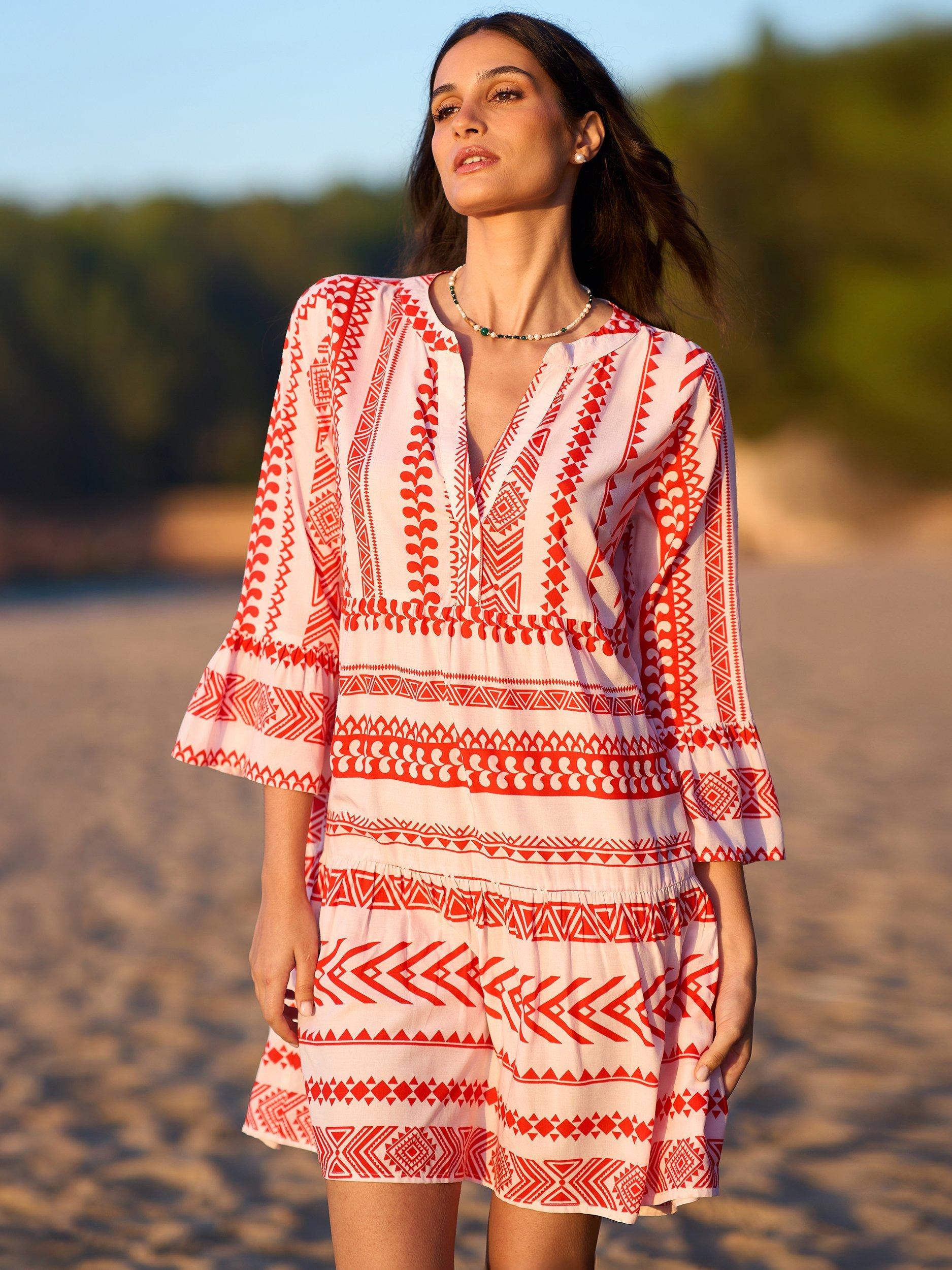 Product image 1 of 6, which shows Yumi Geometric Stripe Tunic Dress, Coral, 8