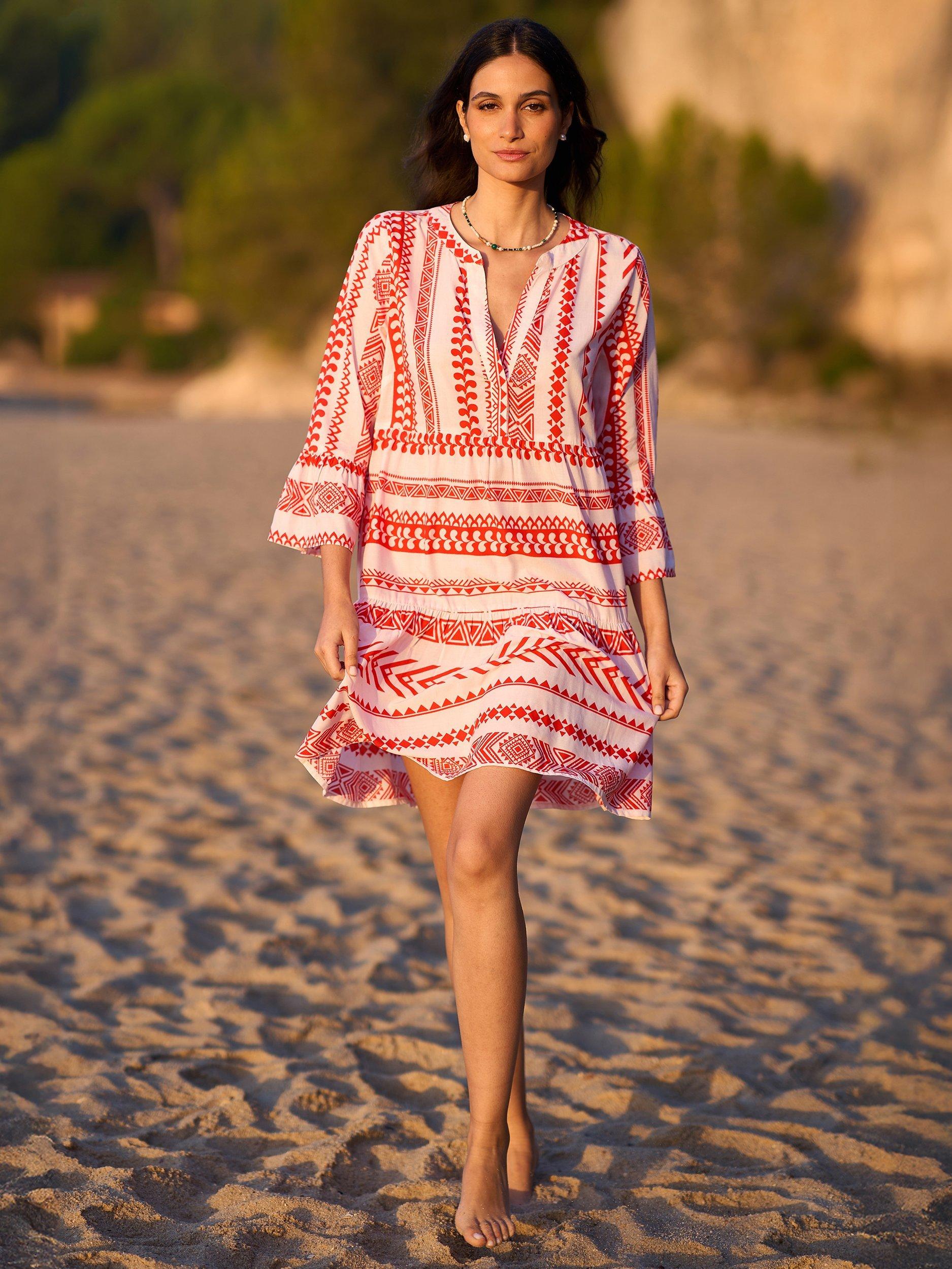 Product image 2 of 6, which shows Yumi Geometric Stripe Tunic Dress, Coral, 8