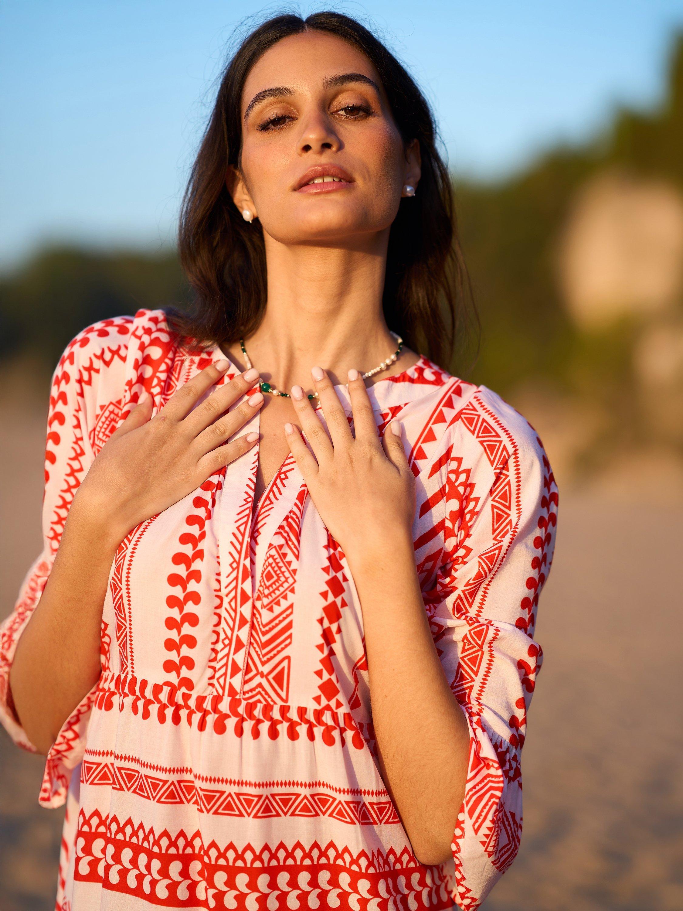 Product image 3 of 6, which shows Yumi Geometric Stripe Tunic Dress, Coral, 8