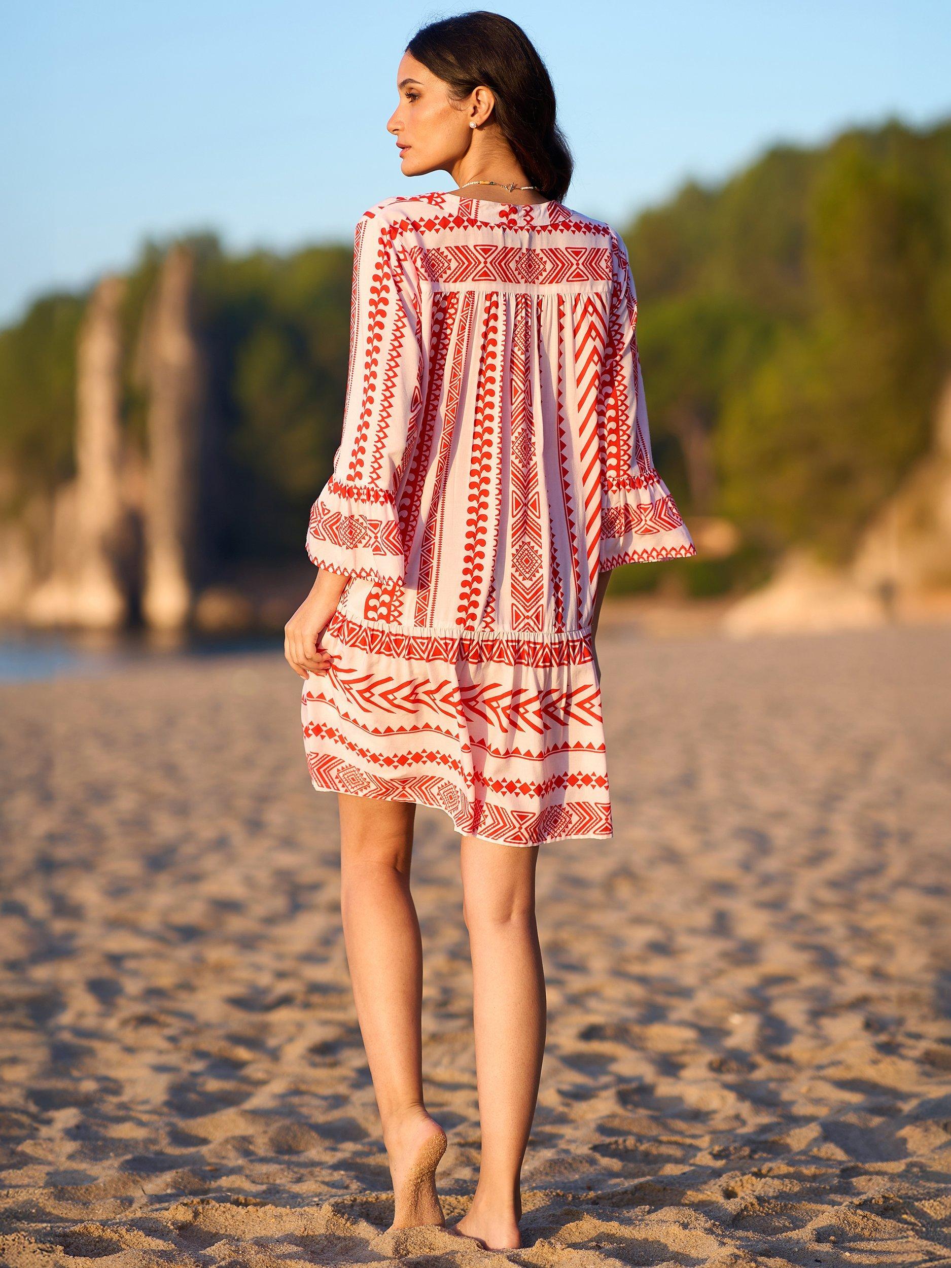 Product image 4 of 6, which shows Yumi Geometric Stripe Tunic Dress, Coral, 8