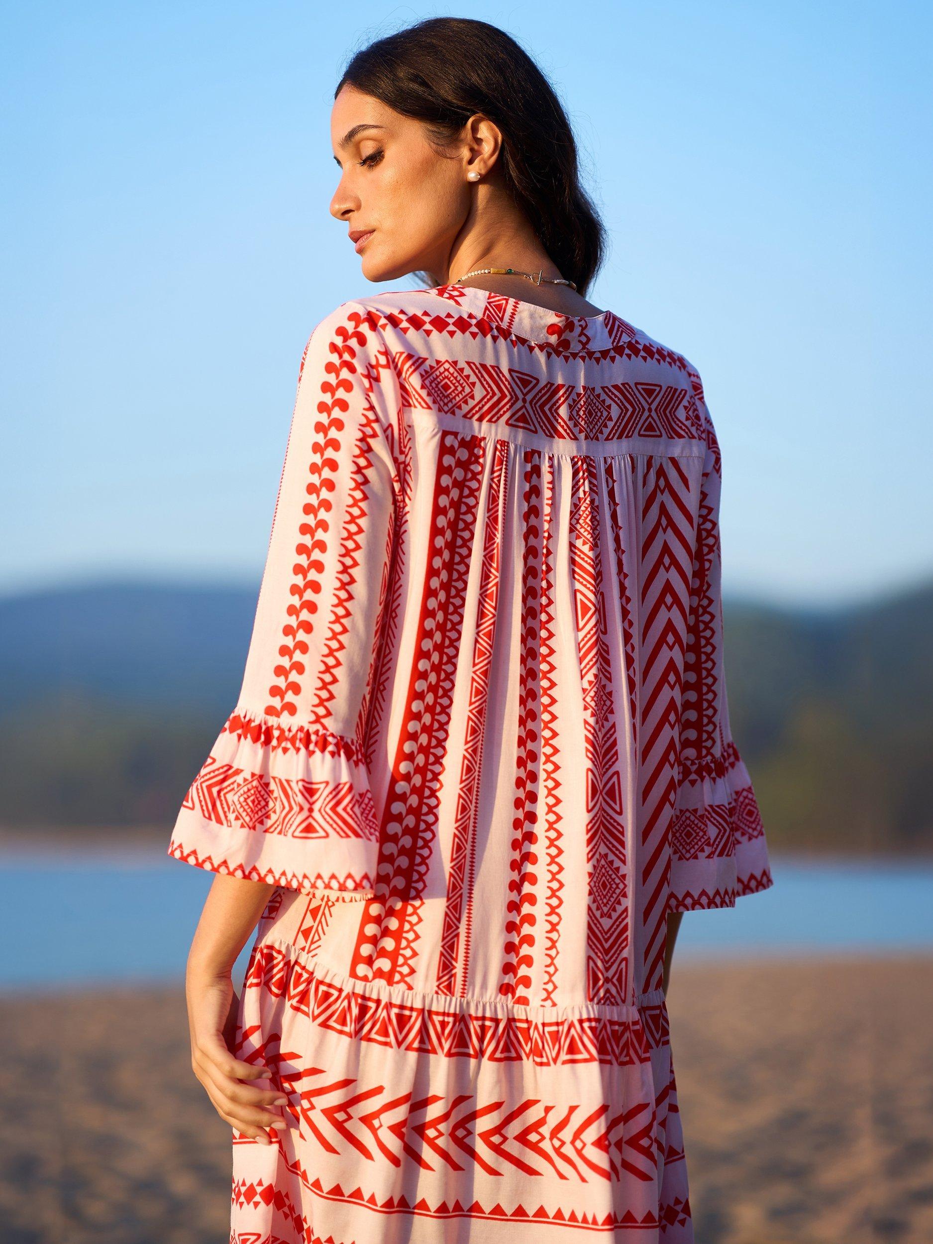 Product image 5 of 6, which shows Yumi Geometric Stripe Tunic Dress, Coral, 8
