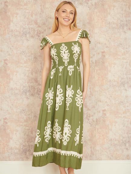 Yumi Block Print Ruched Maxi Dress, Green, Green