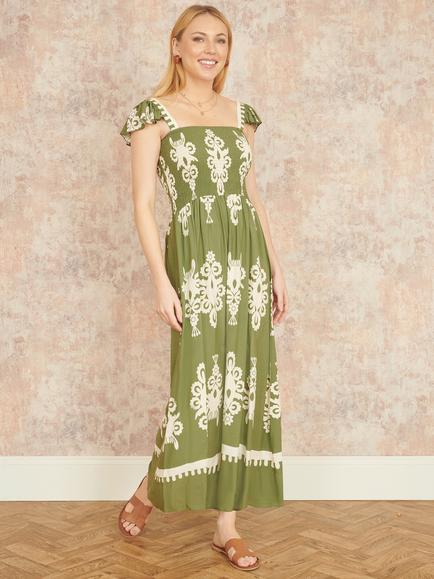 Yumi Block Print Ruched Maxi Dress, Green - view 2, Green