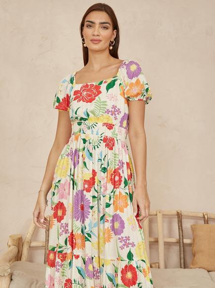 Yumi Floral Tiered Midi Dress, Multi, Multi