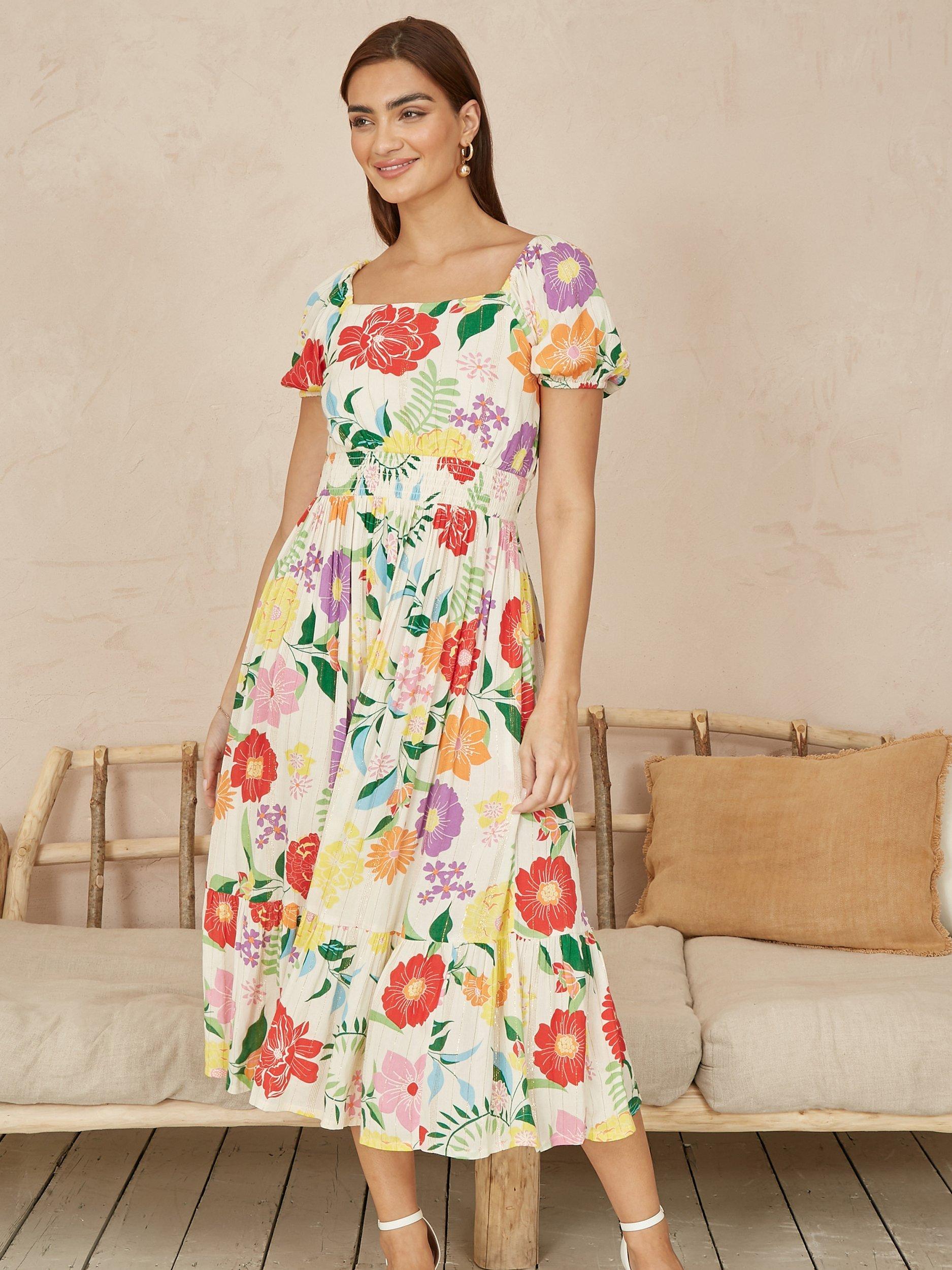 Product image 2 of 5, which shows Yumi Floral Tiered Midi Dress, Multi, 8
