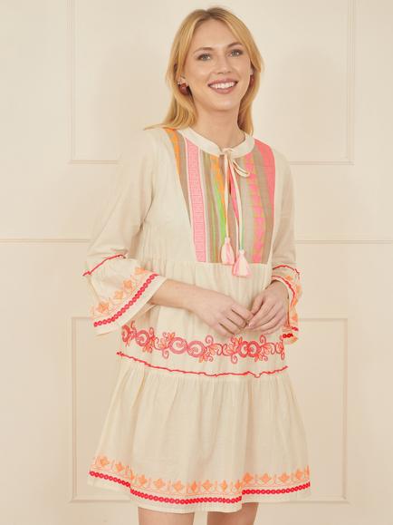 Yumi Embroidered Tunic Dress, Beige, Beige