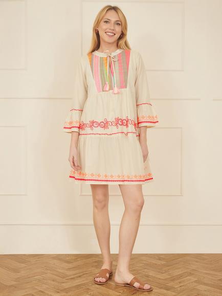 Yumi Embroidered Tunic Dress, Beige - view 2, Beige