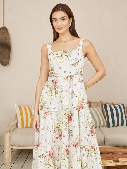 Yumi Floral Broderie Anglaise Midi Dress, Ivory, Ivory