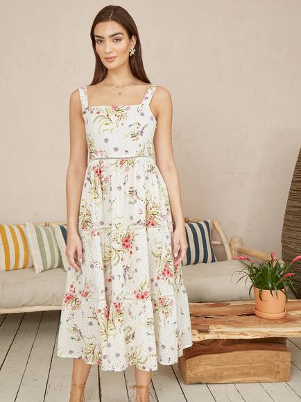 Yumi Floral Broderie Anglaise Midi Dress, Ivory - view 2, Ivory